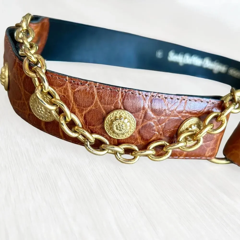 Vintage Sandy Duftler Croc Leather Chain Concho Belt Brown Brass Size AS IS